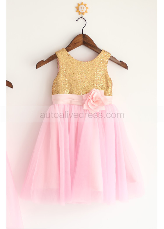 Gold Sequin Pink Tulle Knee Length Flower Girl Dress